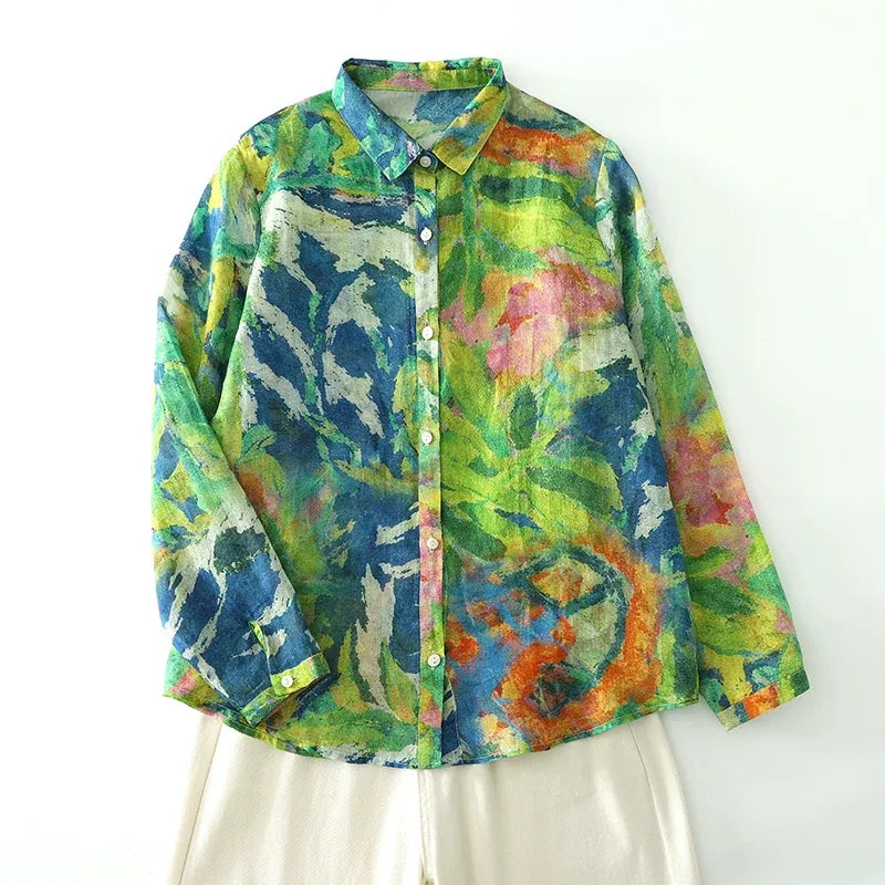 Painterly Floral Print Button-Front Shirt Long Sleeve