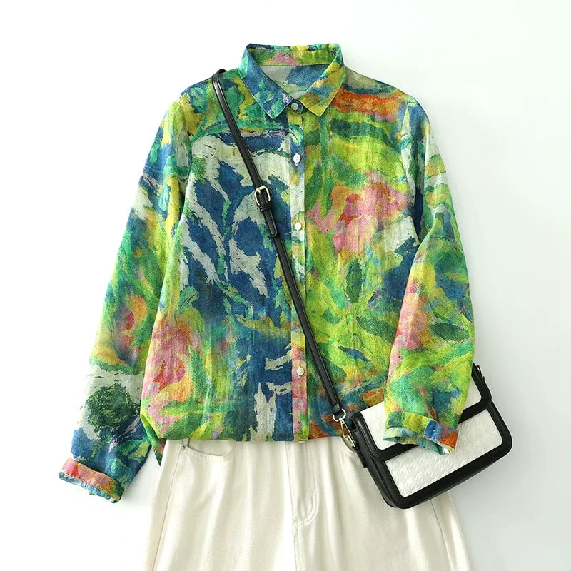 Painterly Floral Print Button-Front Shirt Long Sleeve