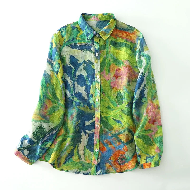 Painterly Floral Print Button-Front Shirt Long Sleeve