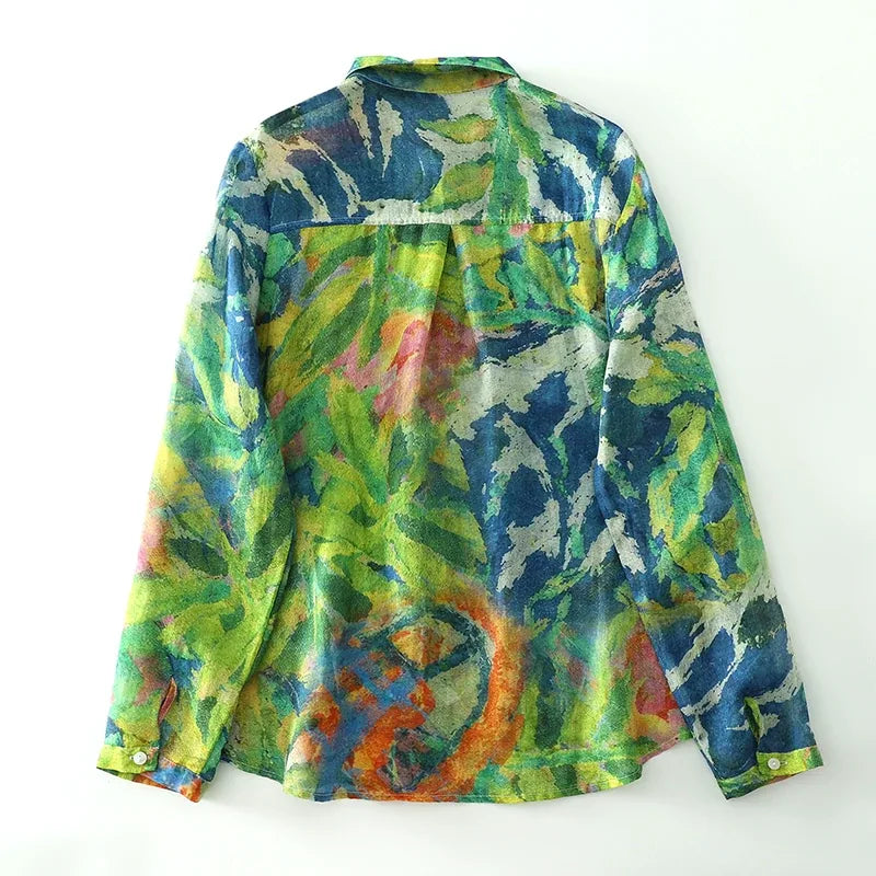 Painterly Floral Print Button-Front Shirt Long Sleeve