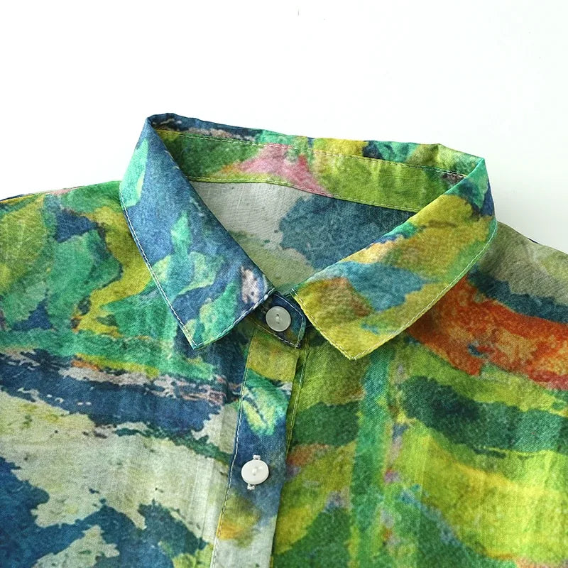 Painterly Floral Print Button-Front Shirt Long Sleeve