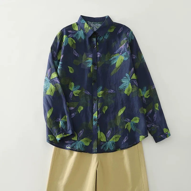 Painterly Floral Print Button-Front Shirt Long Sleeve