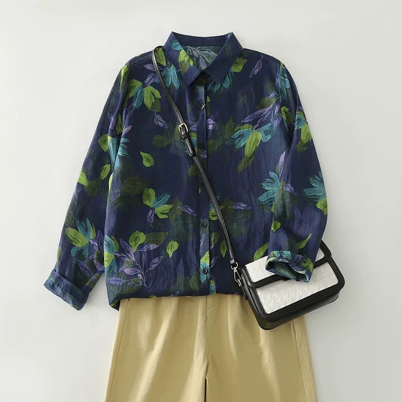 Painterly Floral Print Button-Front Shirt Long Sleeve
