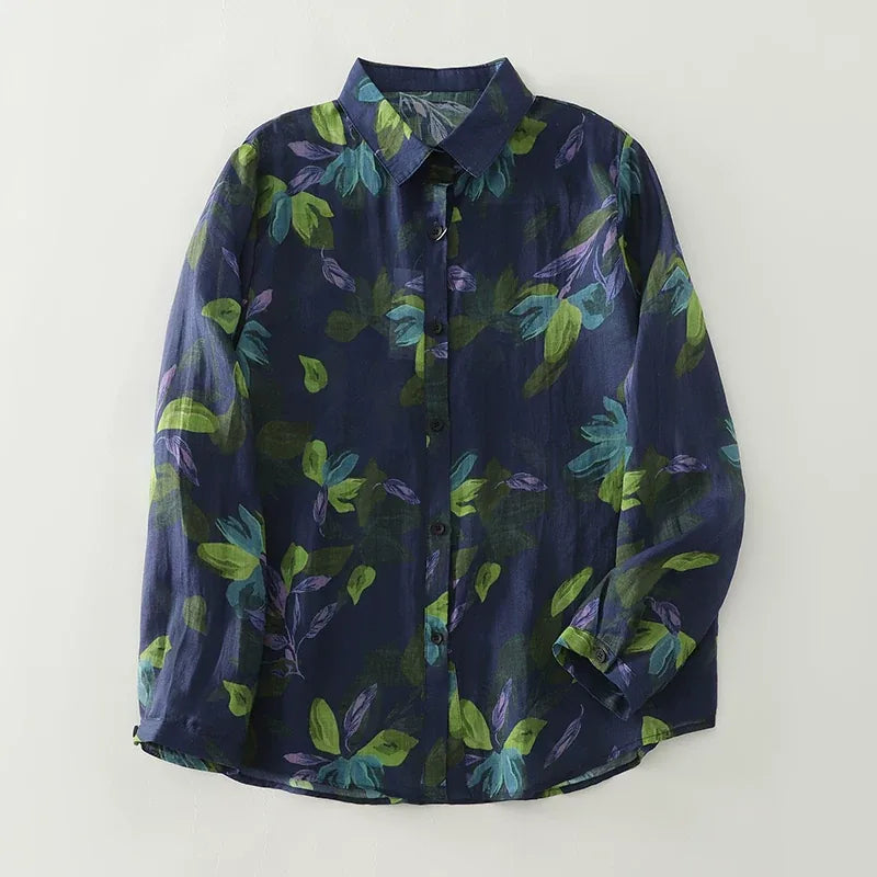 Painterly Floral Print Button-Front Shirt Long Sleeve