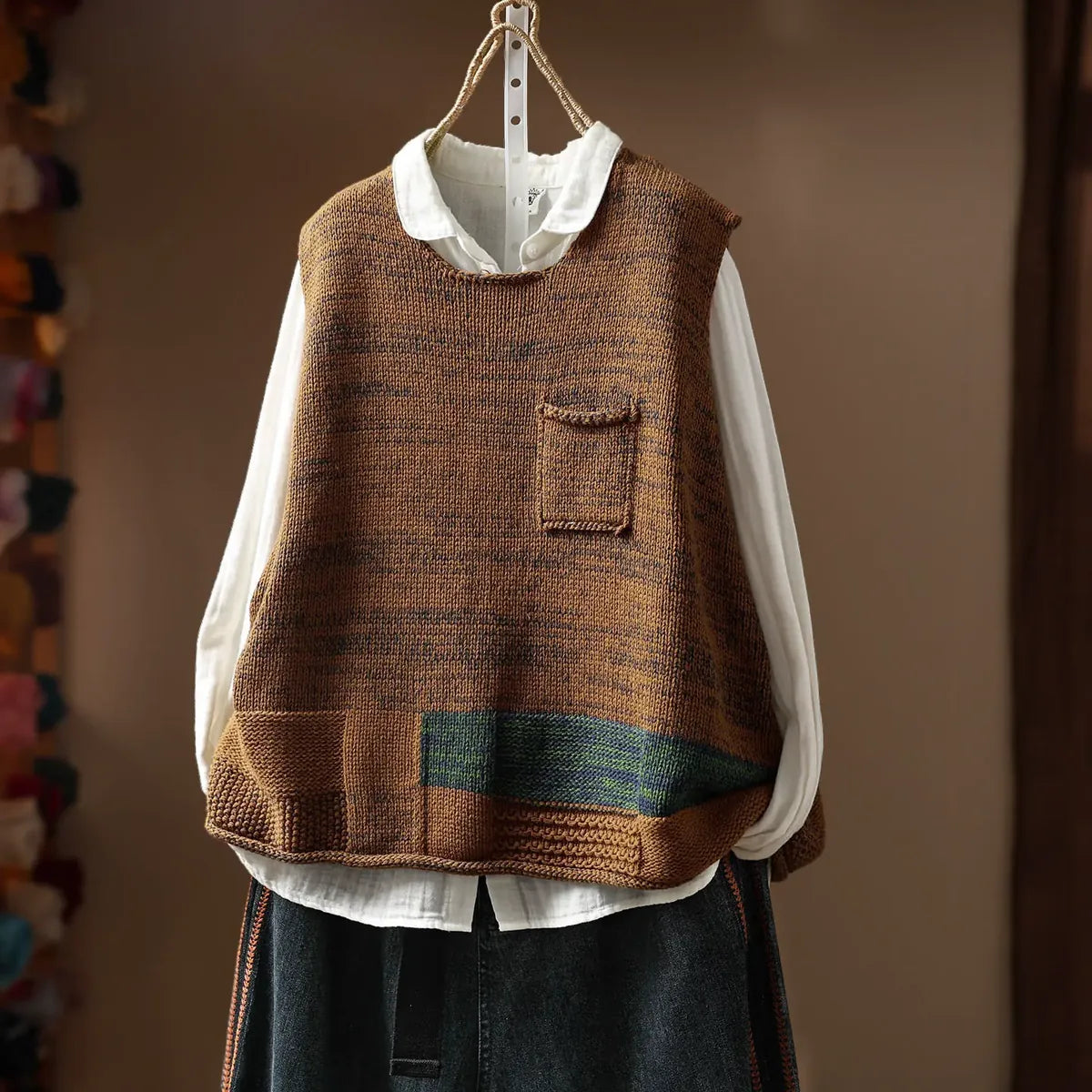 Patch Pocket Color Block Knit Vest