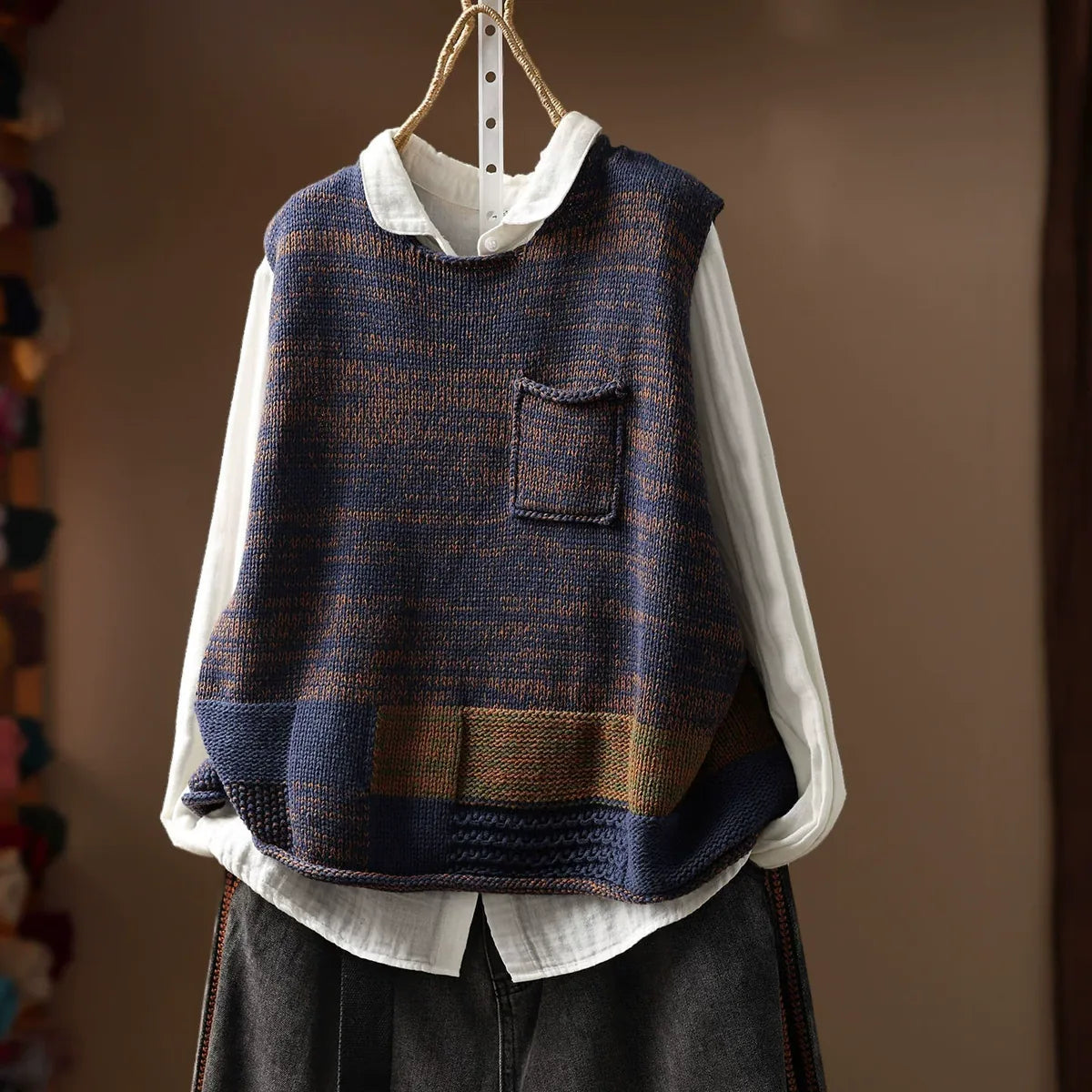 Patch Pocket Color Block Knit Vest