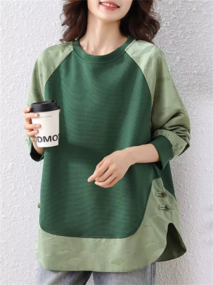 Green Chinese Style Patchwork Jacquard Lightweight Sweatshirt