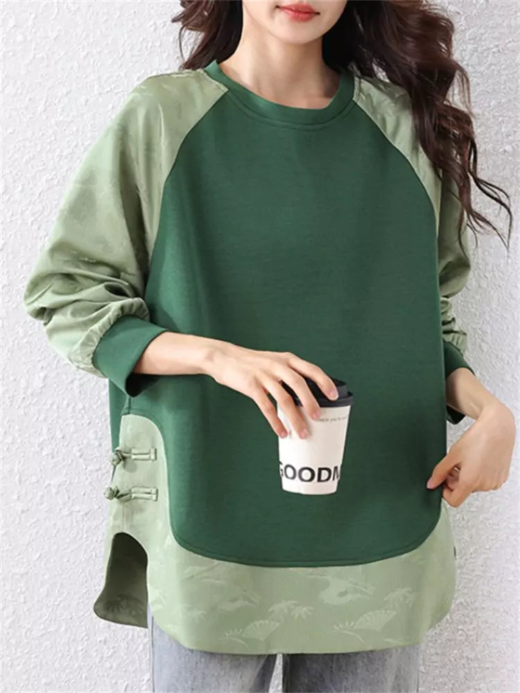 Green Chinese Style Patchwork Jacquard Lightweight Sweatshirt