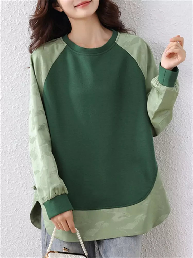 Green Chinese Style Patchwork Jacquard Lightweight Sweatshirt