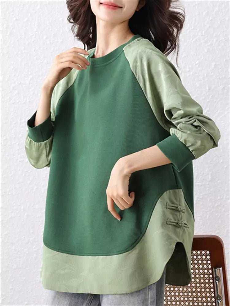 Green Chinese Style Patchwork Jacquard Lightweight Sweatshirt