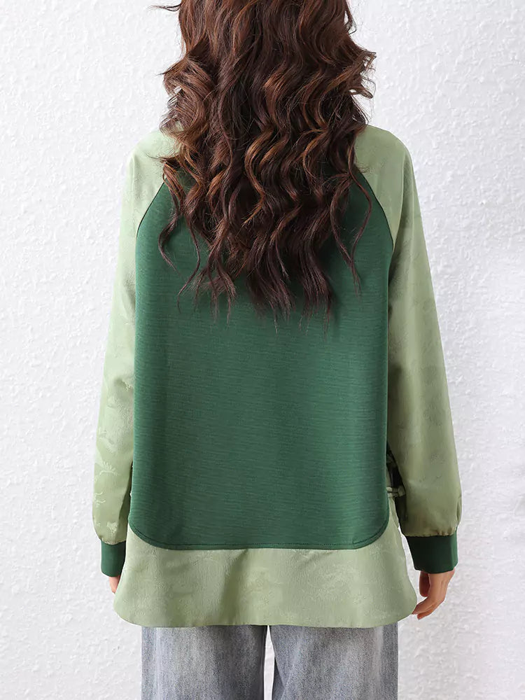 Green Chinese Style Patchwork Jacquard Lightweight Sweatshirt