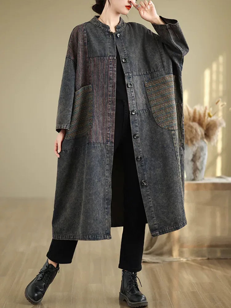 Patchwork Textured Stand Collar Long Coat