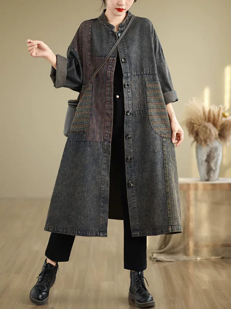 Patchwork Textured Stand Collar Long Coat