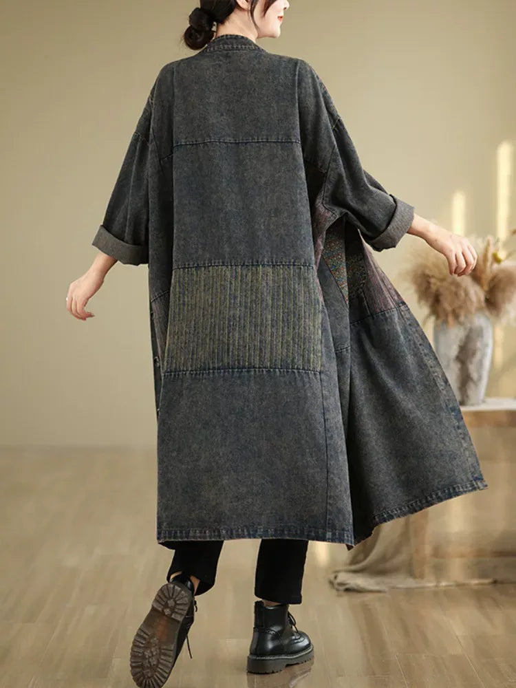 Patchwork Textured Stand Collar Long Coat