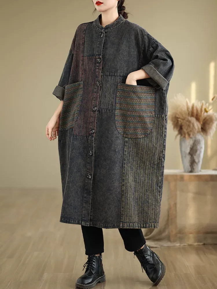 Patchwork Textured Stand Collar Long Coat