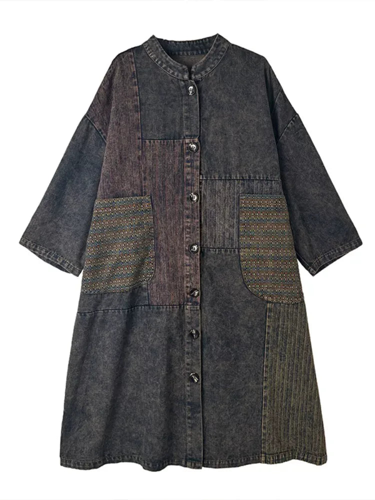 Patchwork Textured Stand Collar Long Coat