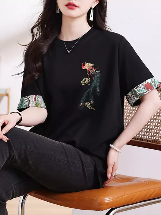 Phoenix Embroidered Black Cotton T-Shirt with Short Sleeves
