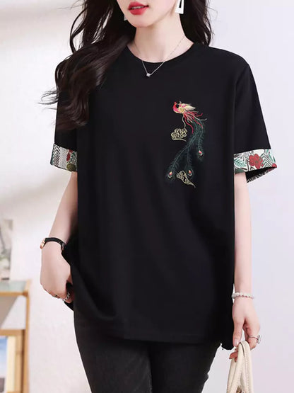Phoenix Embroidered Black Cotton T-Shirt with Short Sleeves