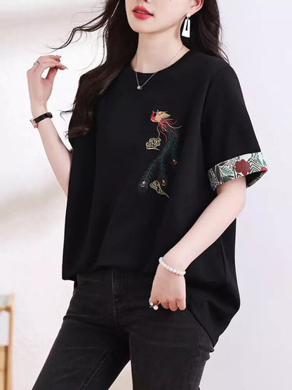 Phoenix Embroidered Black Cotton T-Shirt with Short Sleeves