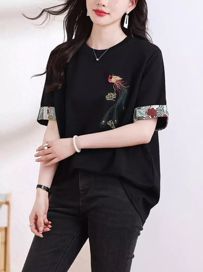 Phoenix Embroidered Black Cotton T-Shirt with Short Sleeves