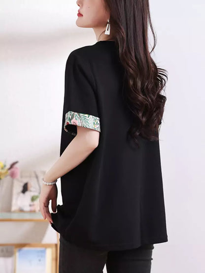 Phoenix Embroidered Black Cotton T-Shirt with Short Sleeves