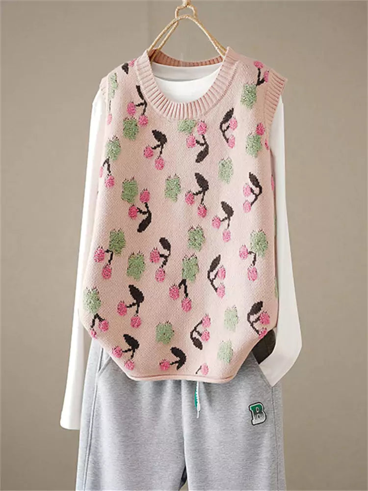 Pink Cherry Knit Sweater Vest with Cute Details and Perfect for Layering