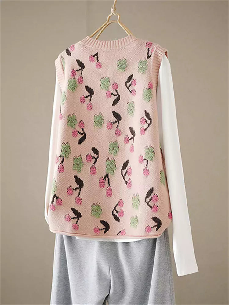 Pink Cherry Knit Sweater Vest with Cute Details and Perfect for Layering