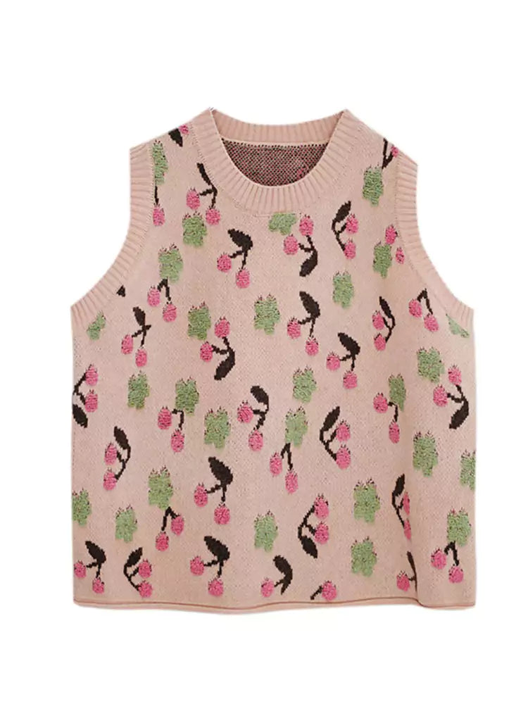 Pink Cherry Knit Sweater Vest with Cute Details and Perfect for Layering