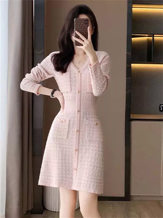 Pink Elegant V-Neck Jacquard Bodycon Knit Dress