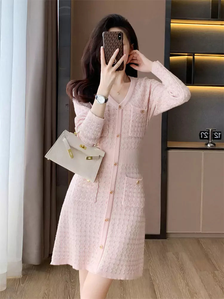 Pink Elegant V-Neck Jacquard Bodycon Knit Dress