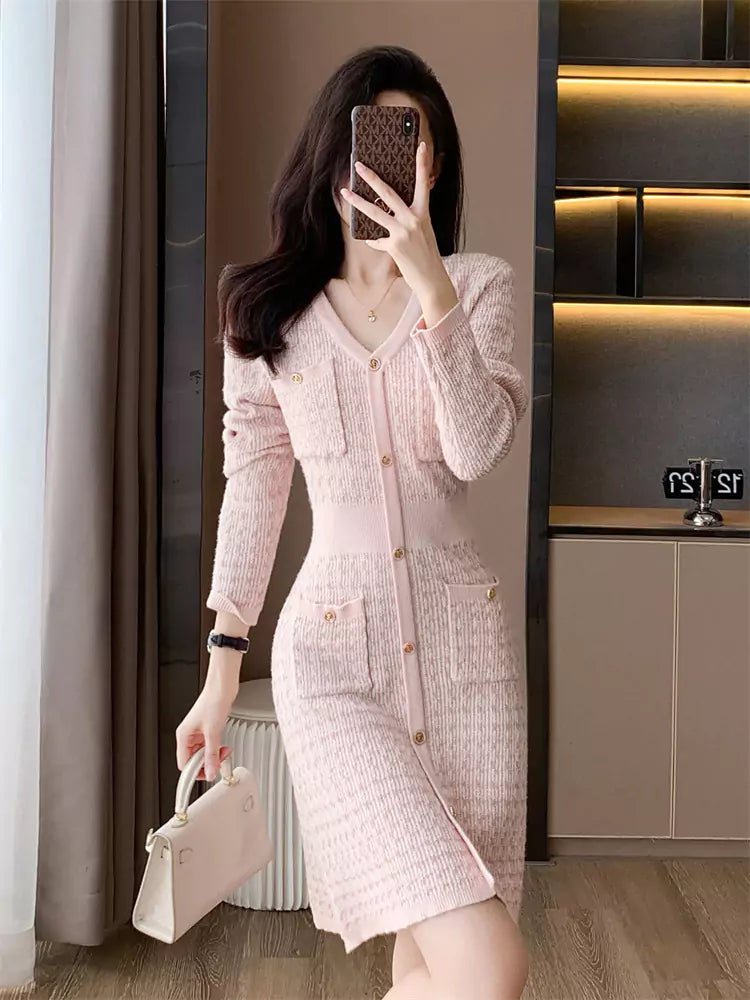 Pink Elegant V-Neck Jacquard Bodycon Knit Dress