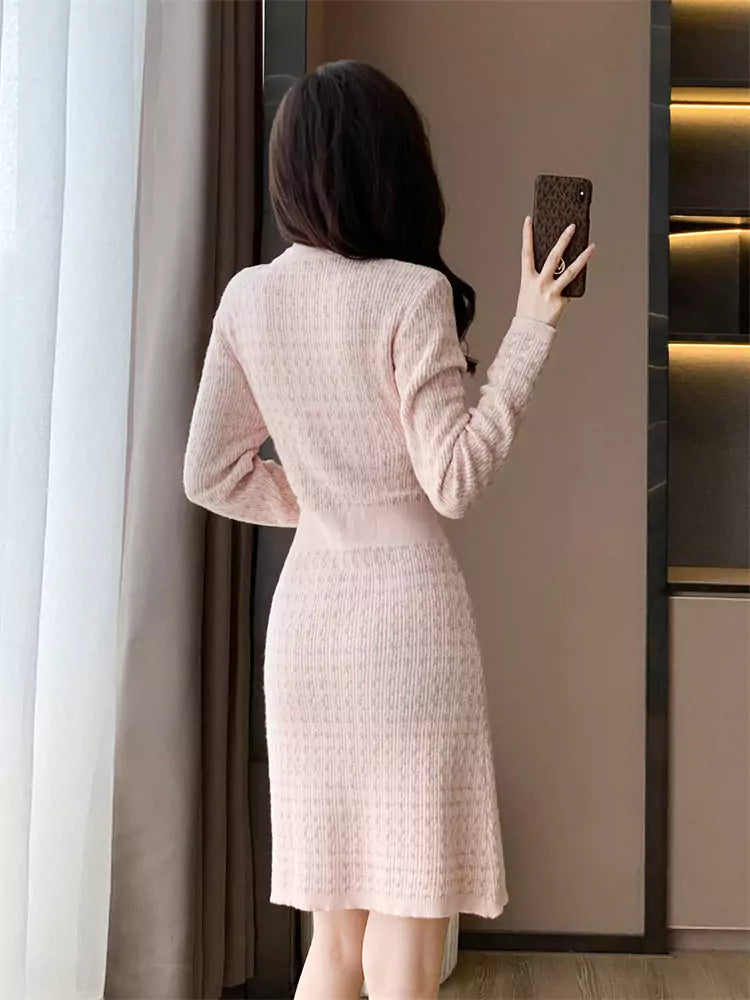 Pink Elegant V-Neck Jacquard Bodycon Knit Dress