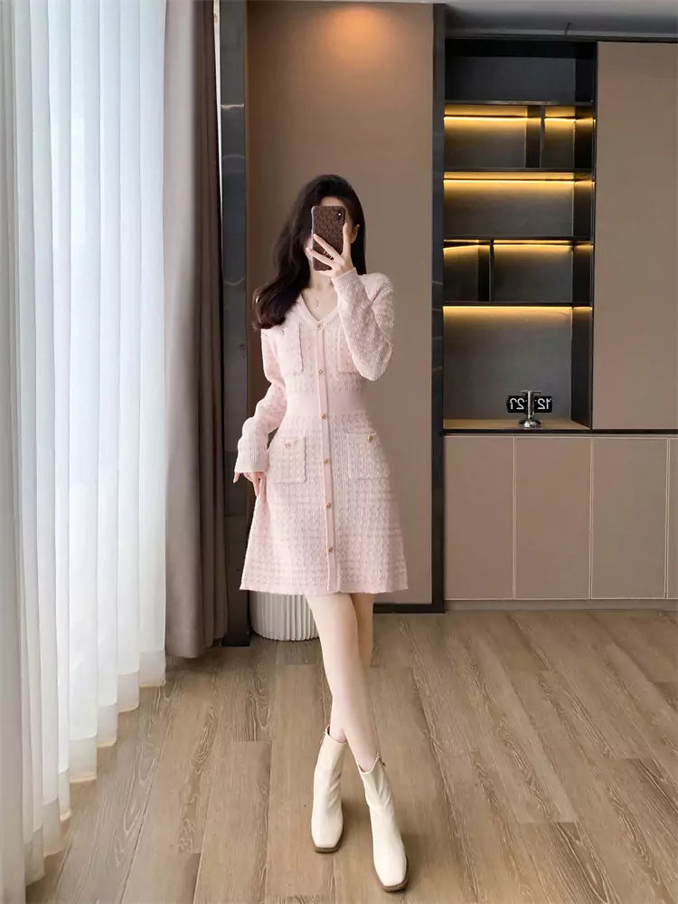 Pink Elegant V-Neck Jacquard Bodycon Knit Dress