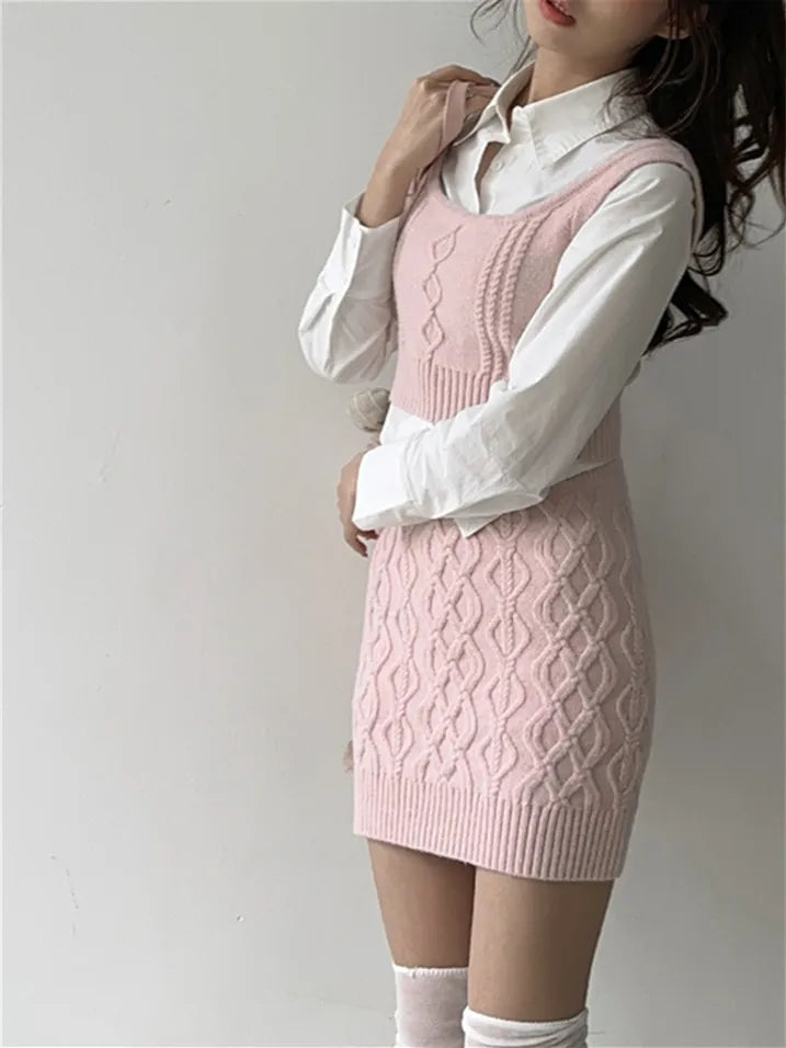 Pink Sweater Vest Mini Skirt Set