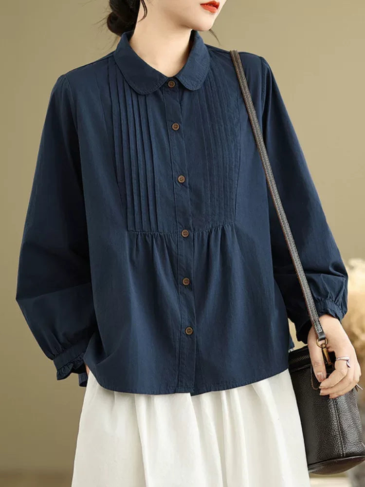 Pintuck Pleated Peter Pan Collar Cotton Blouse