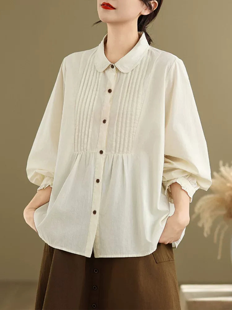 Pintuck Pleated Peter Pan Collar Cotton Blouse