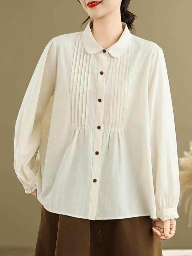 Pintuck Pleated Peter Pan Collar Cotton Blouse