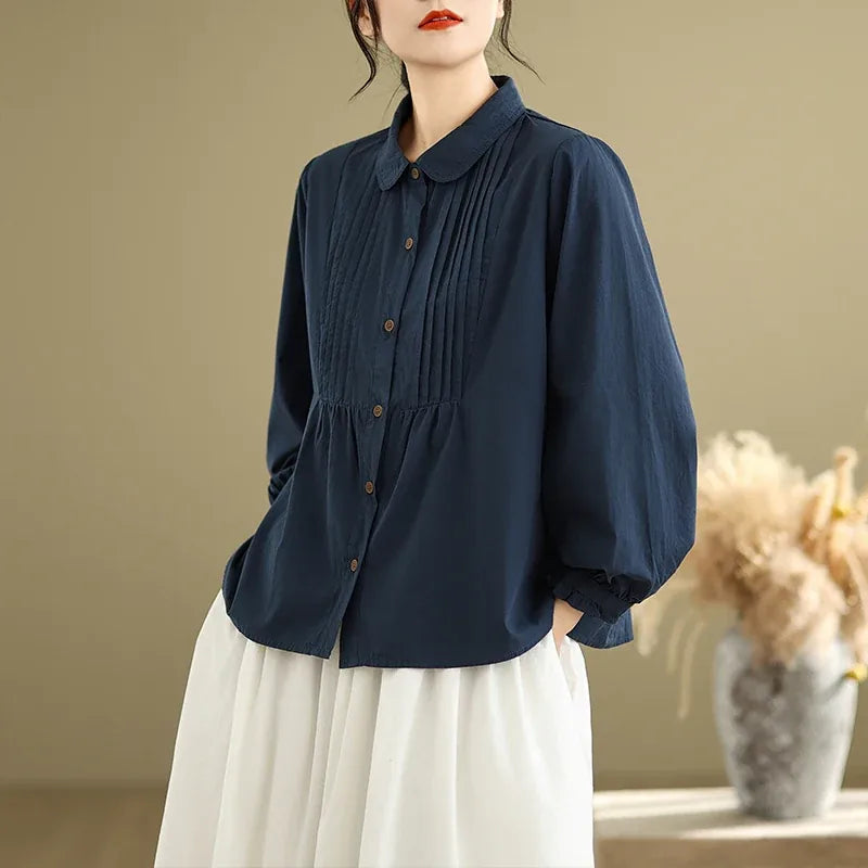 Pintuck Pleated Peter Pan Collar Cotton Blouse