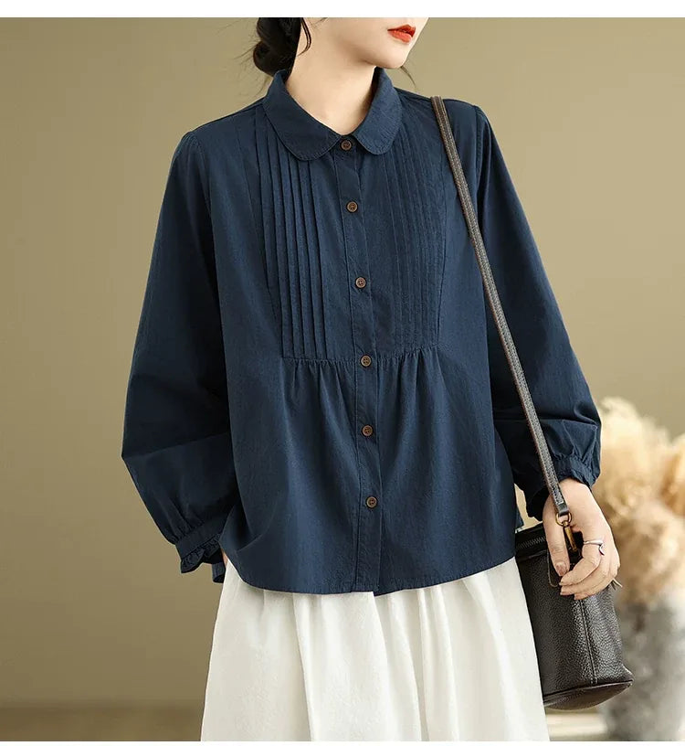 Pintuck Pleated Peter Pan Collar Cotton Blouse