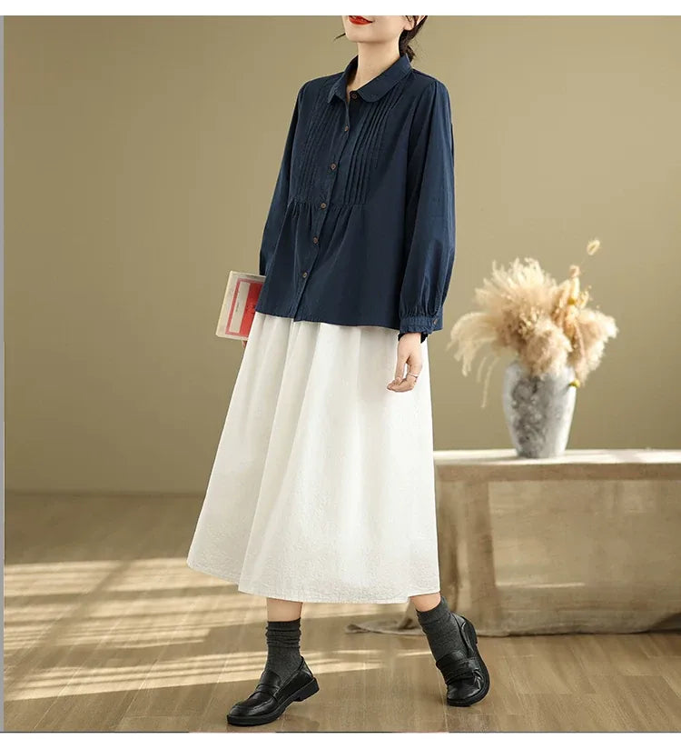 Pintuck Pleated Peter Pan Collar Cotton Blouse