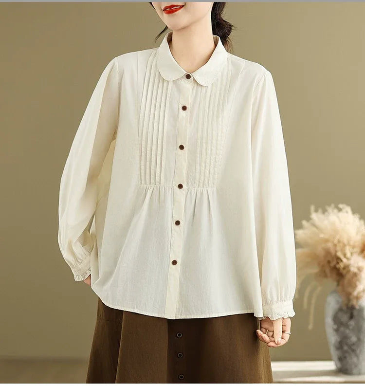 Pintuck Pleated Peter Pan Collar Cotton Blouse