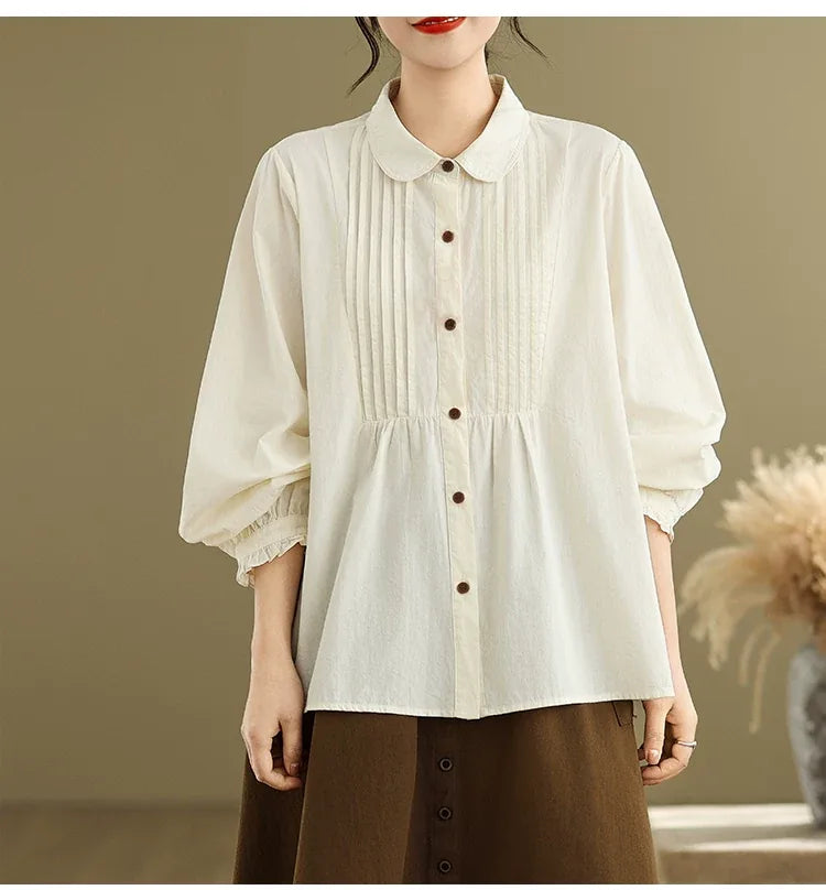 Pintuck Pleated Peter Pan Collar Cotton Blouse