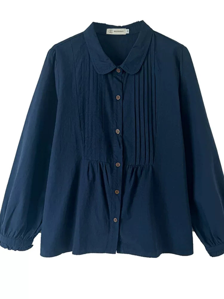 Pintuck Pleated Peter Pan Collar Cotton Blouse