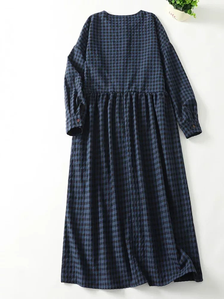 Plaid Drop-Waist Button Front Long Sleeve Maxi Dress