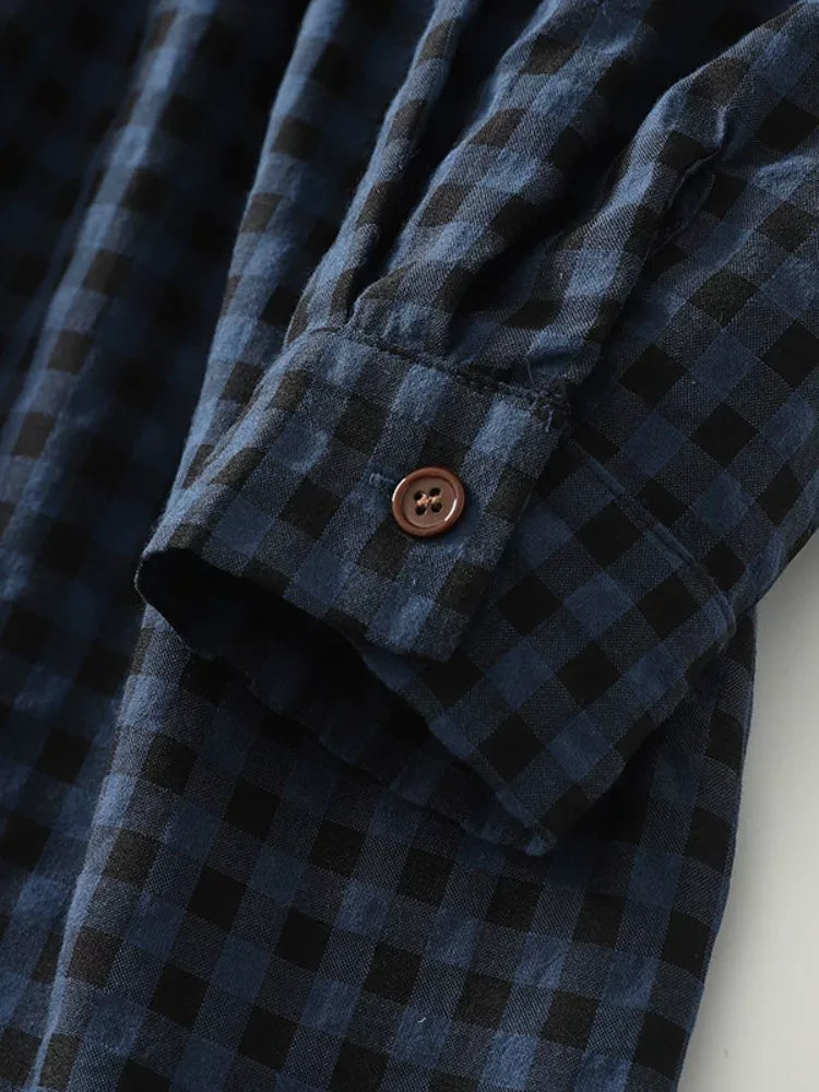 Plaid Drop-Waist Button Front Long Sleeve Maxi Dress