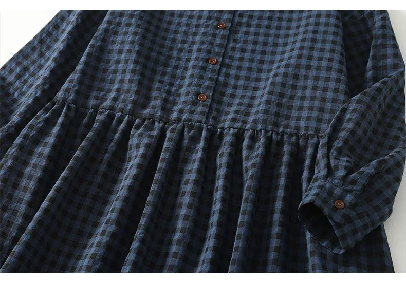 Plaid Drop-Waist Button Front Long Sleeve Maxi Dress