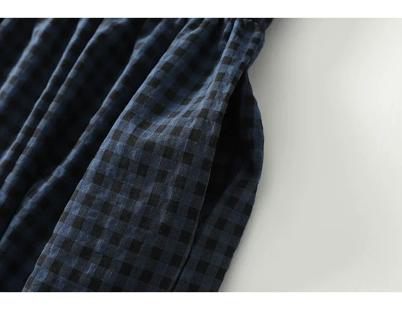 Plaid Drop-Waist Button Front Long Sleeve Maxi Dress