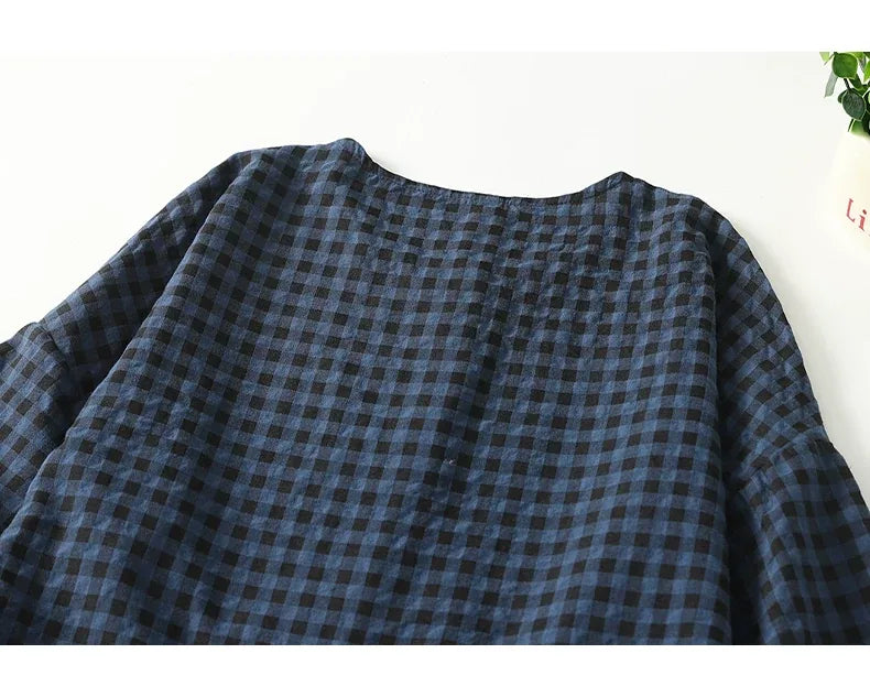 Plaid Drop-Waist Button Front Long Sleeve Maxi Dress
