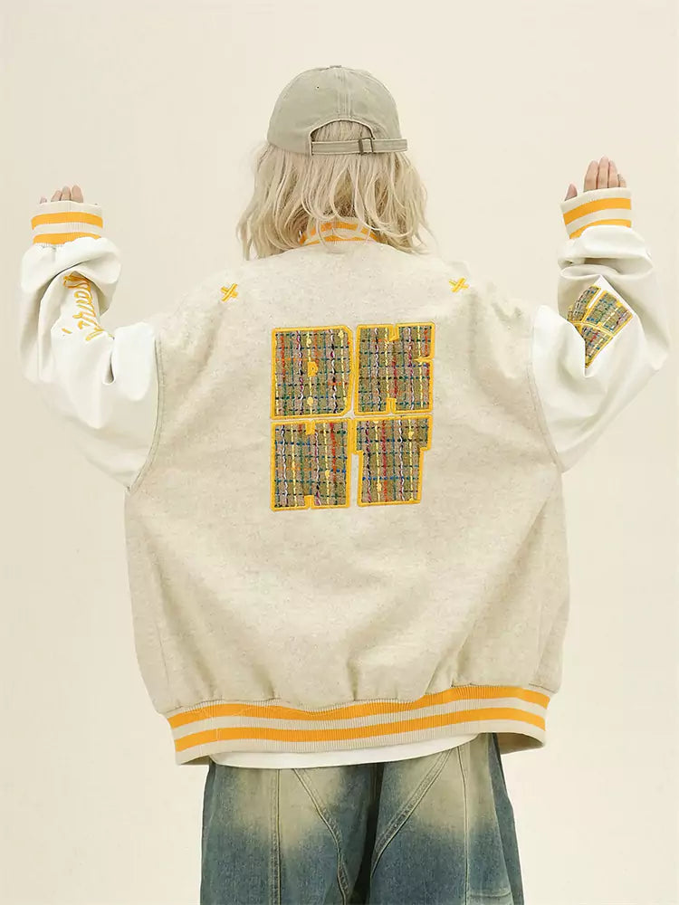 Plaid Patchwork Loose Fit Baseball Jacket