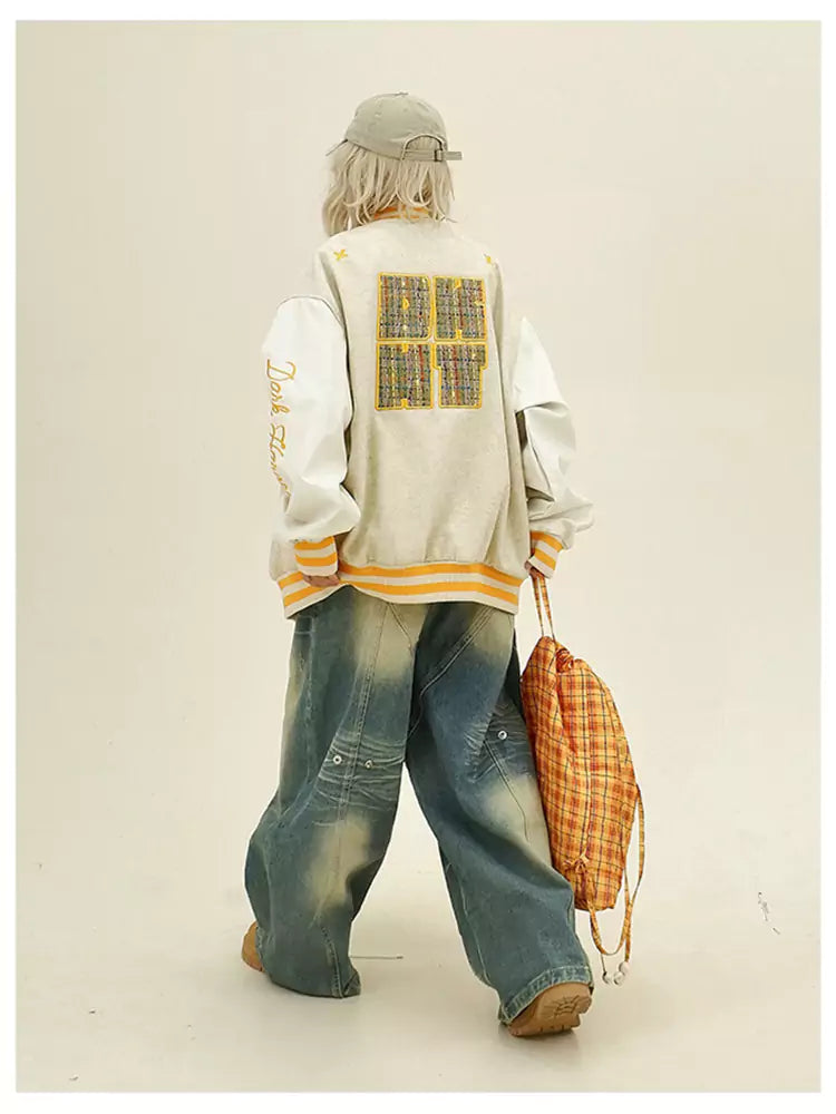 Plaid Patchwork Loose Fit Baseball Jacket